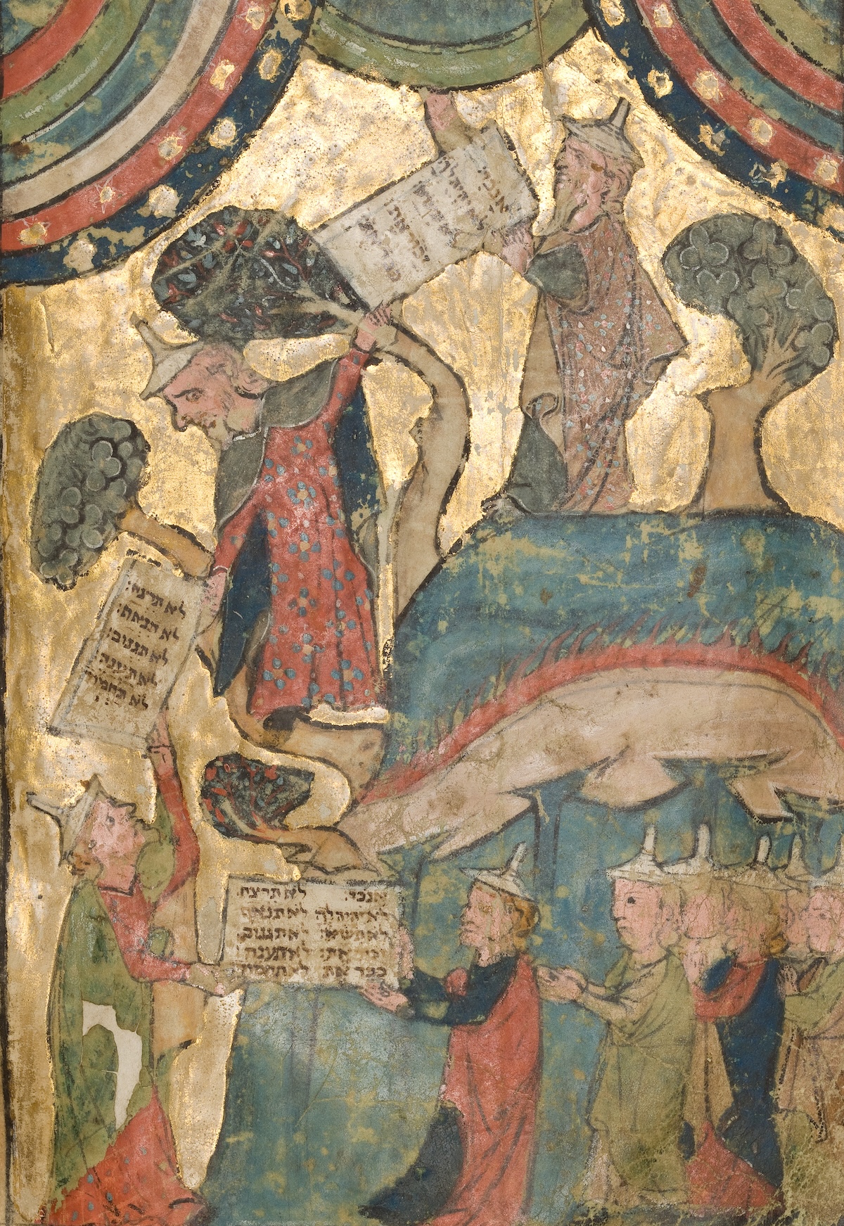 Moses receiving the Ten Commandments, from the Regensburg Pentateuch, c.1300. Israel Museum, Jerusalem/The Ridgefield Foundation, New York, in memory of Henry J. and Erna D. Leir/Bridgeman Images.