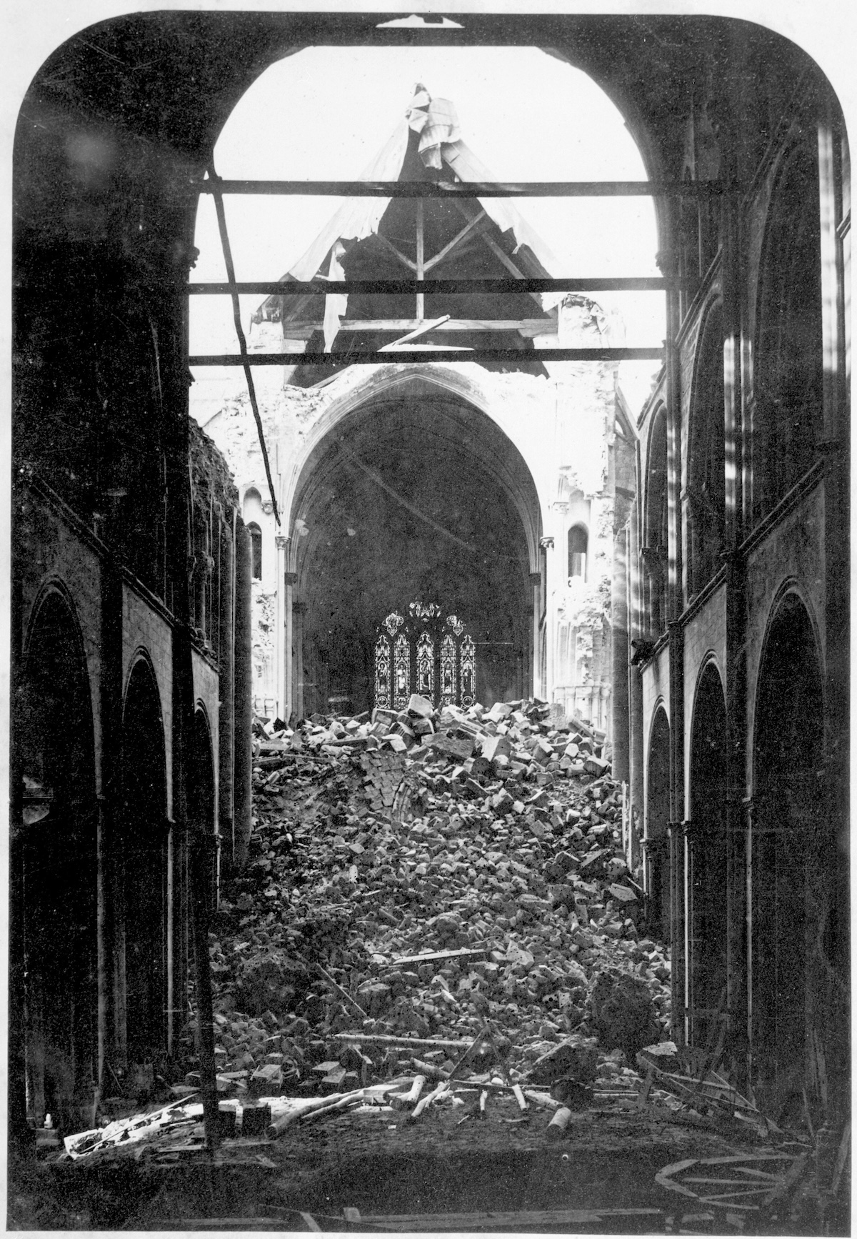 The collapsed spire of Chichester Cathedral, 1861. Historic England.