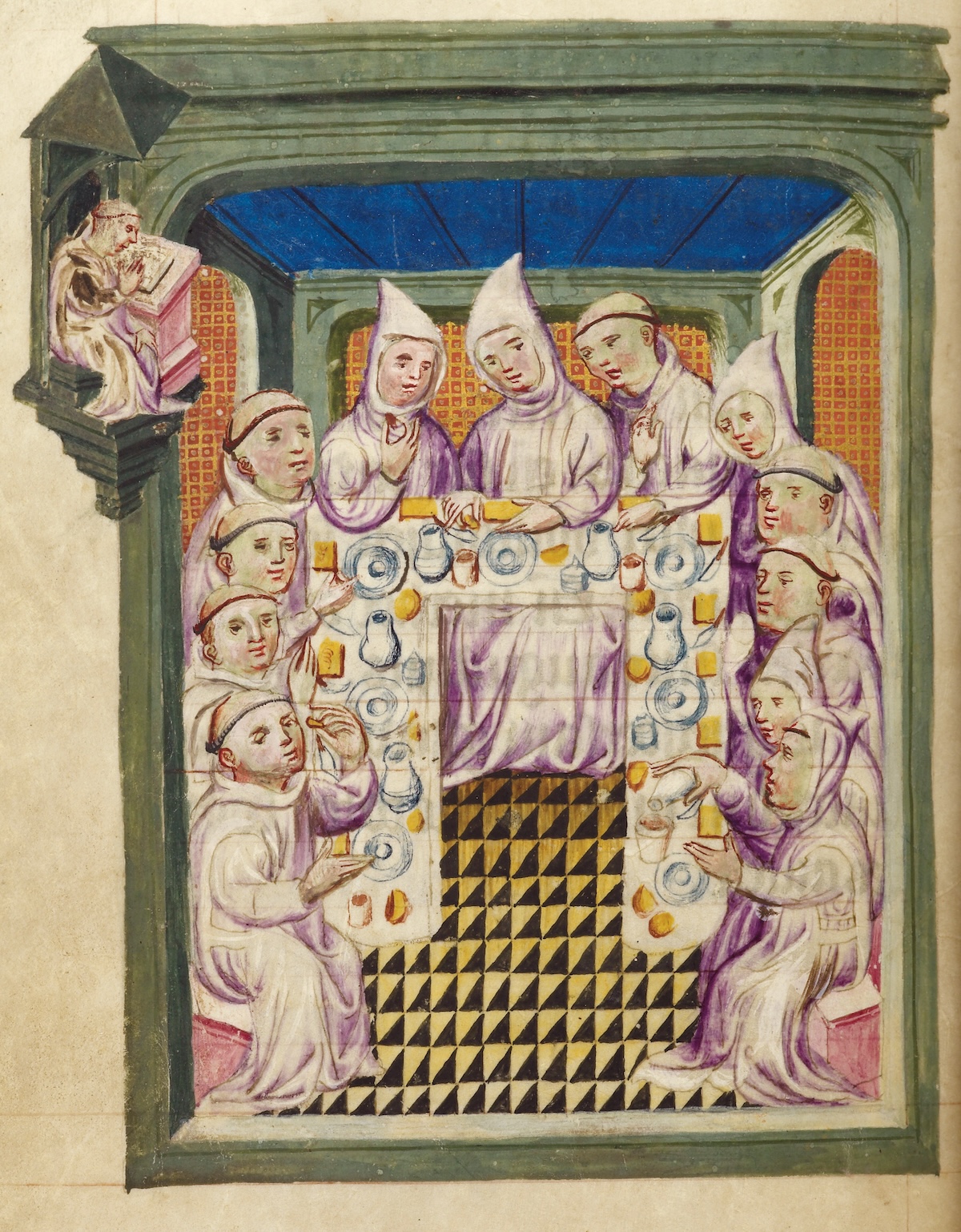 Carthusian monks at the dining table, from an account of rules of the Carthusian Order, the Netherlands, 15th century. British Library/Bridgeman Images.