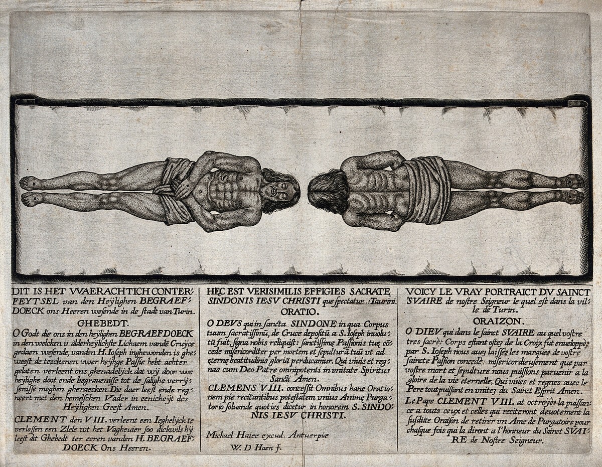 An engraving of the Shroud of Turin, by Willem de Haen. Wellcome Collection. Public Domain.