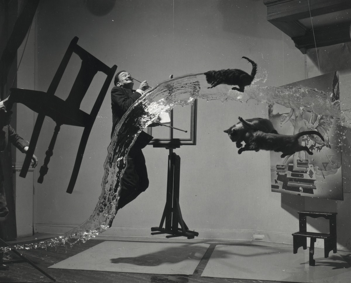 ‘Dali Atomicus’, surrealist Salvador Dalí in mid-air, by Philippe Halsman, 1948. Library of Congress. Public Domain.