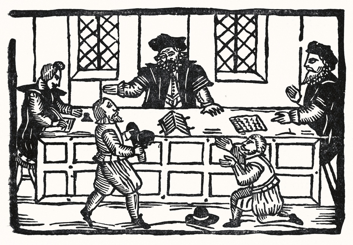 Woodcut illustration from the Roxburghe Ballads showing a man pleading before a lawyer or magistrate, early 17th century. Bridgeman Images.