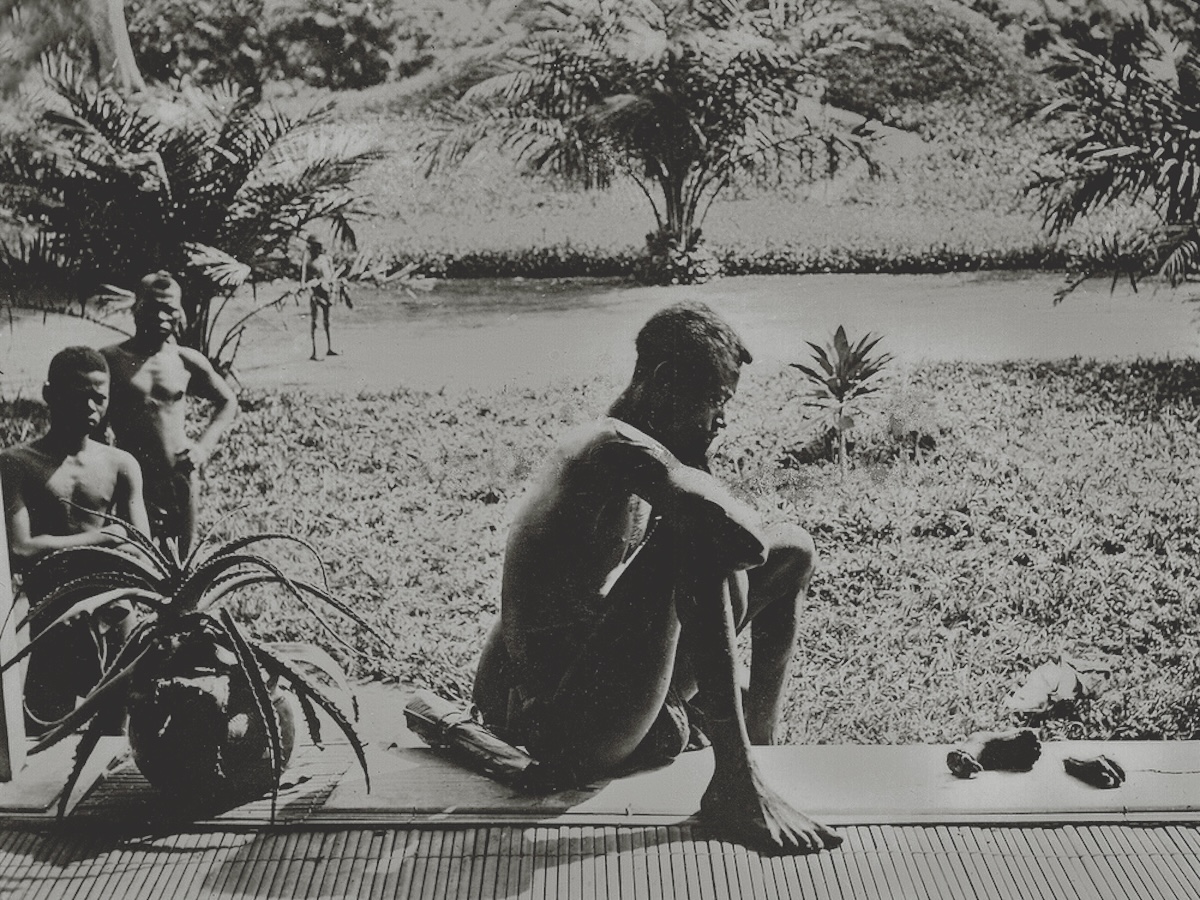 A Congolese man looks at a severed hand and foot, cut off by soldiers of the colonial Force Publique to enforce rubber quotas. Museum of Ethnography. Public Domain.