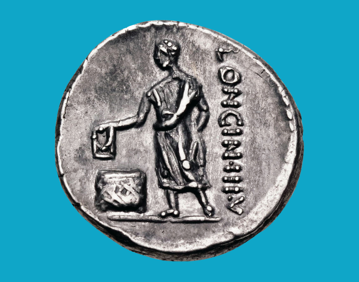 Silver denarius of Cassius Longinus, depicting a citizen casting a ballot, 63 BC. CNG coins.