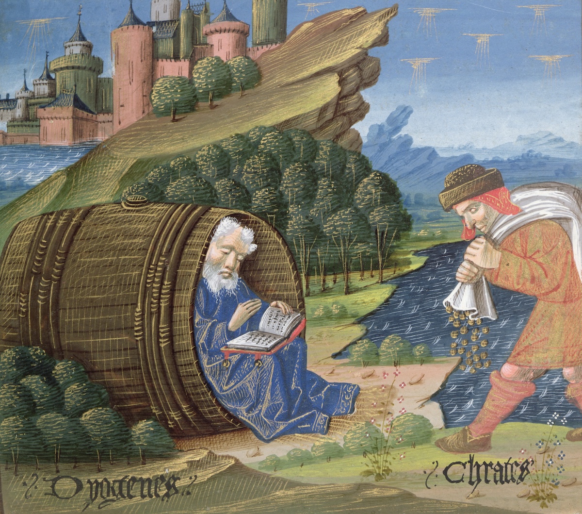 Diogenes in the Book of Good Morals, by Jacques le Grant, 15th century. Musée Condé, Chantilly/Bridgeman Images.