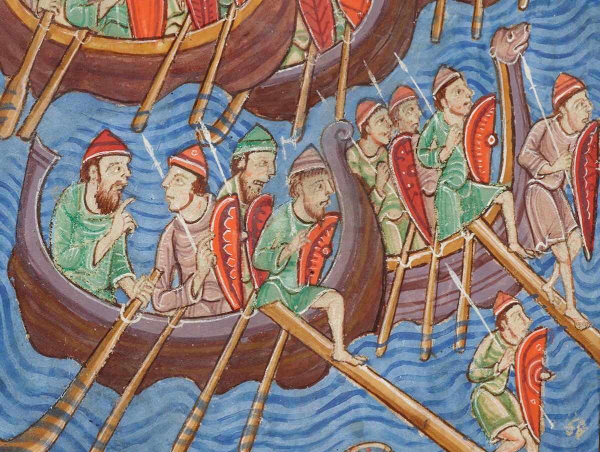 The Danish fleet, from the Miscellany on the life of St. Edmund, Bury St Edmunds, c.1130. Bridgeman Images.