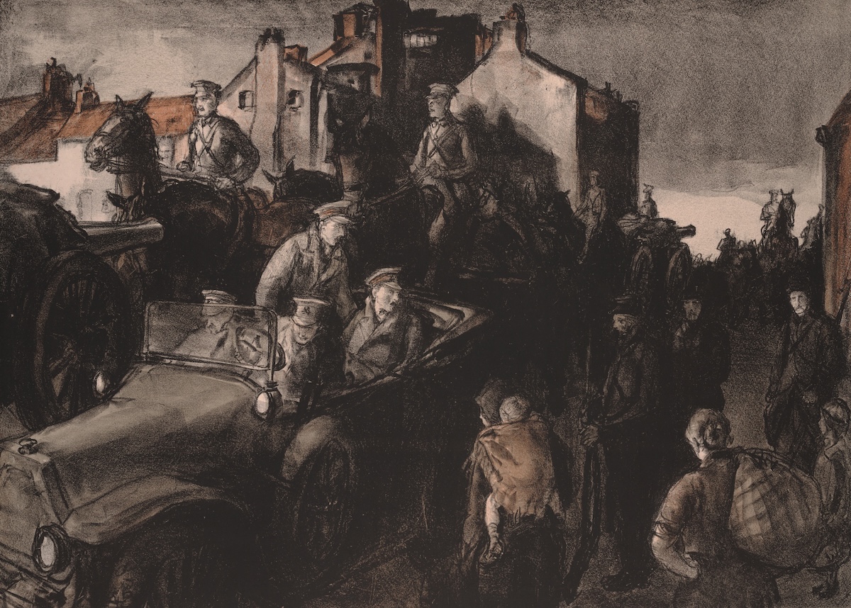 A British staff car passes refugees, by Geralf Spencer Pryse, 1914. Prints, Drawings and Watercolors from the Anne S.K. Brown Military Collection. Brown Digital Repository. Brown University Library. Public Domain.