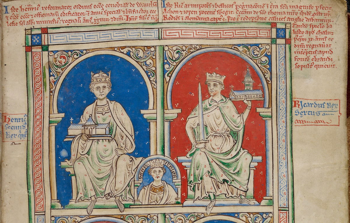 Henry II, Young Henry, and Richard I, from Historia Anglorum, 1250-59. British Library/Bridgeman Images.