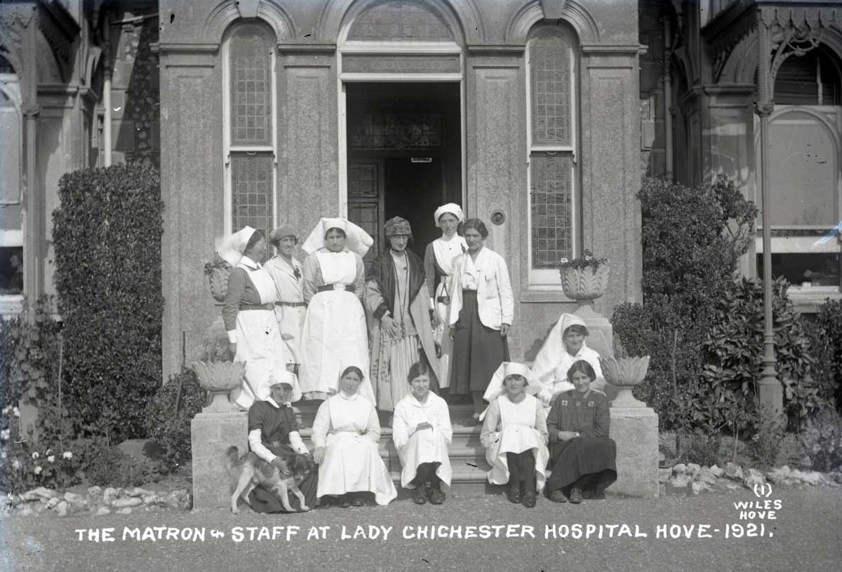 Photograph of the matron and staff of the Lady Chichester Hospital for the Treatment of Early Mental Disorders, Hove, 1921. East Sussex Record Office.