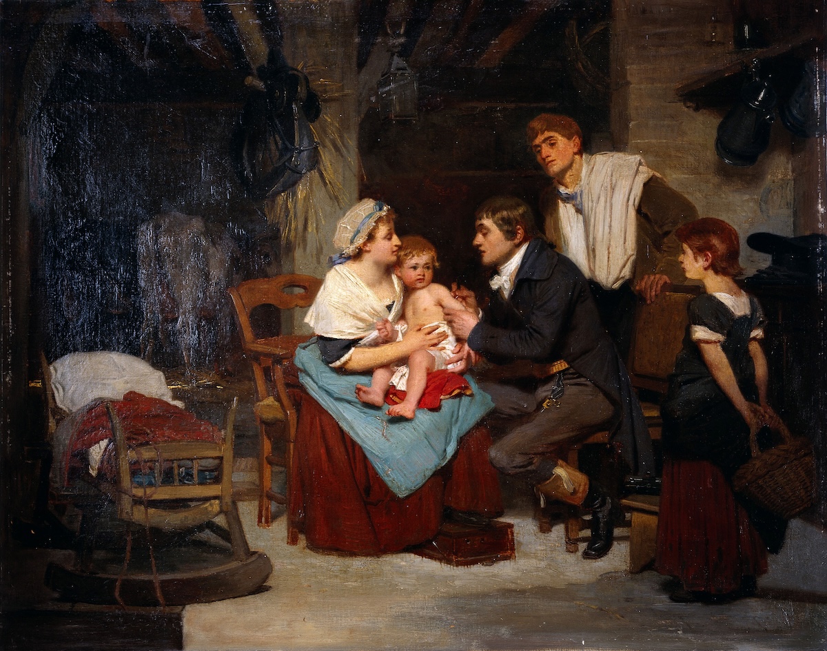 Edward Jenner vaccinating a boy, oil painting by E.E. Hillemacher, 1884. Wellcome Collection. Public Domain.