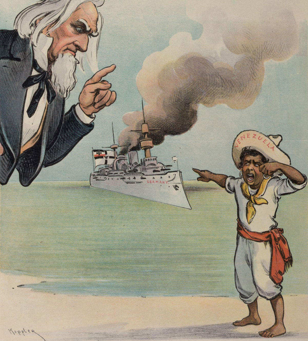 Venezuela complains to Uncle Sam about the presence of a German warship, from Puck magazine, 22 January 1902. Library of Congress. Public Domain.