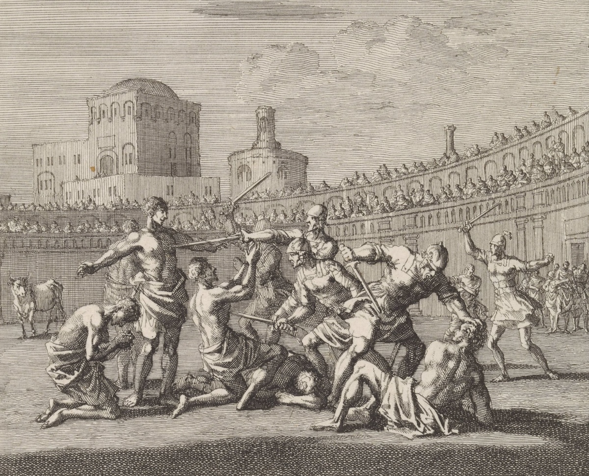 Early Christian martyrs in a Roman arena, Jan Luyken, c.1700. Rijksmuseum. Public Domain.