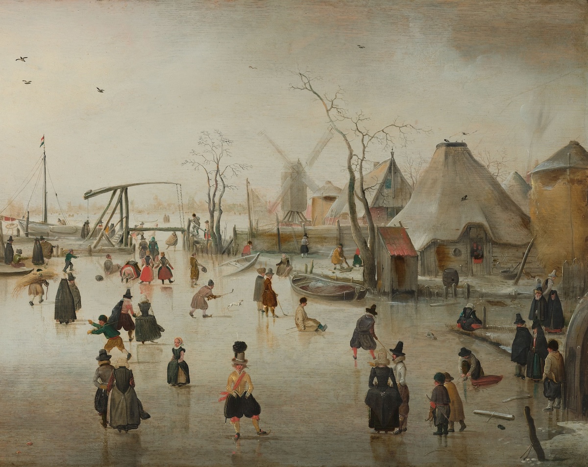 Winter landscape with ice skaters, by Hendrick Avercamp, c.1608. Rijksmuseum. Public Domain.