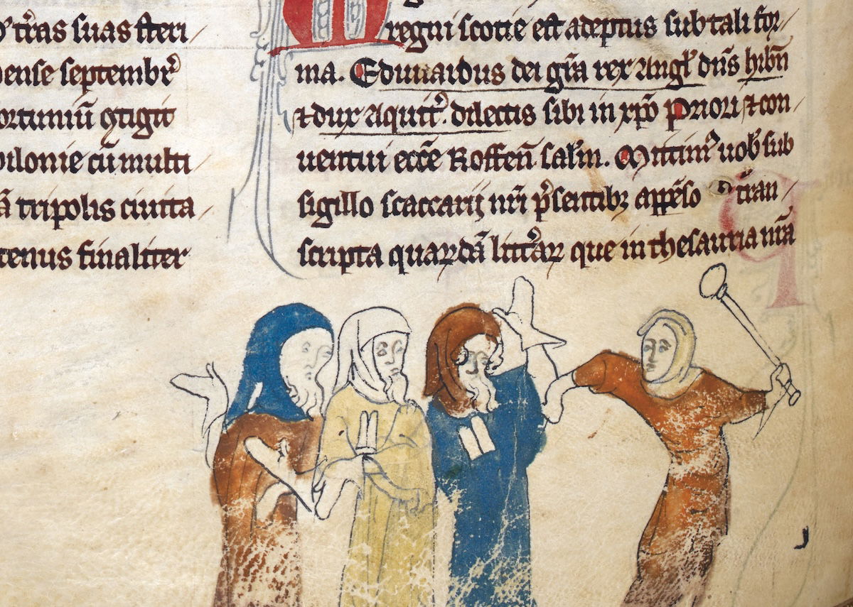 Marginal illustration showing the expulsion of Jews, the Rochester Chronicle, 1355. British Library/Bridgeman Images.