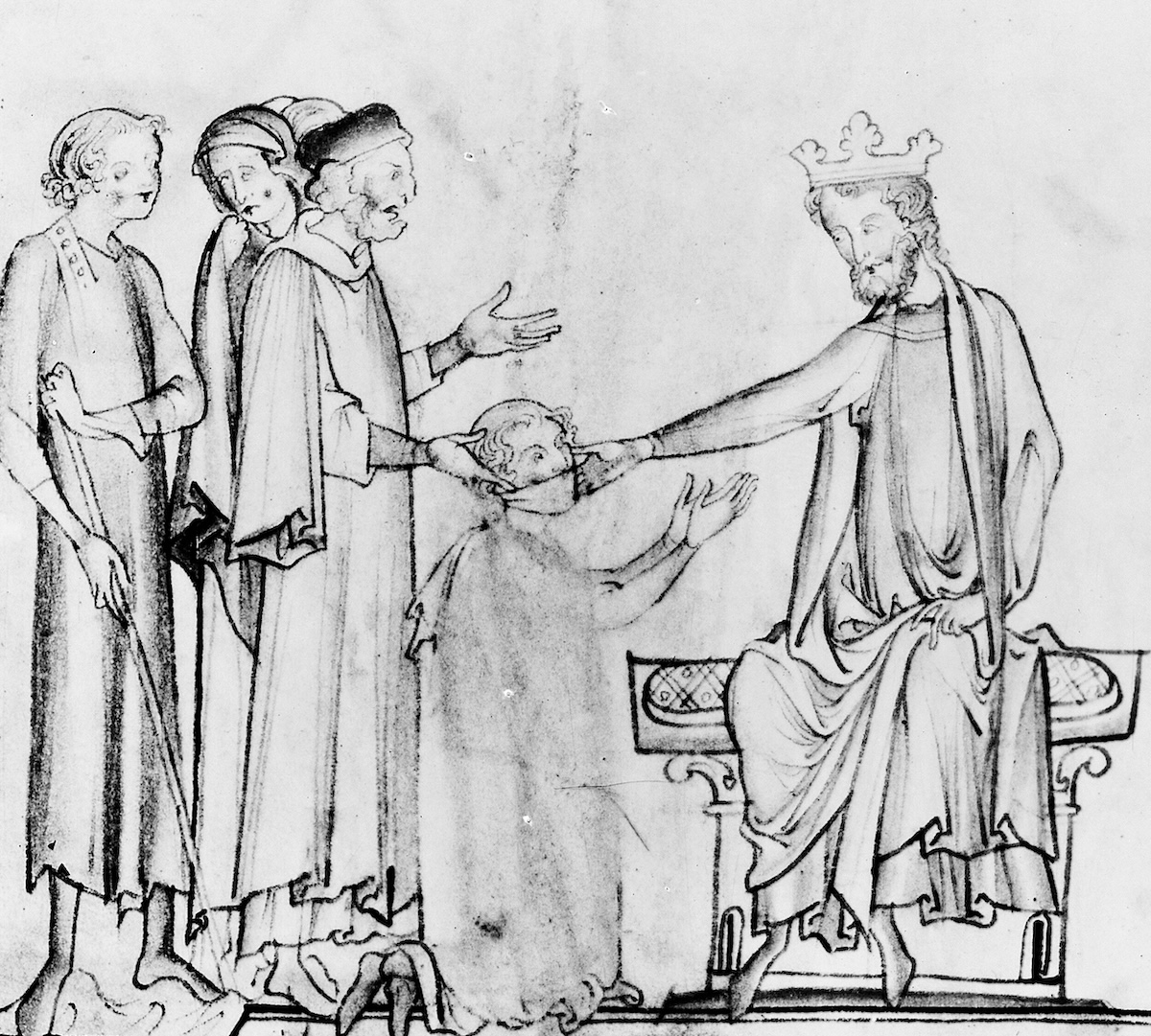 Edward the Confessor touching a man afflicted with the ‘king’s evil’, from a manuscript at Cambridge University Library. Wellcome Collection. Public Domain.