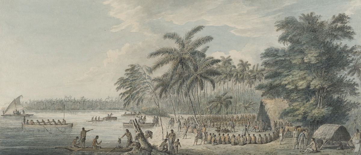 A view at Nomuka, Tonga, from the account of James Cook’s third voyage, c. 1784. Dixson Library, State Library of New South Wales. Public Domain.