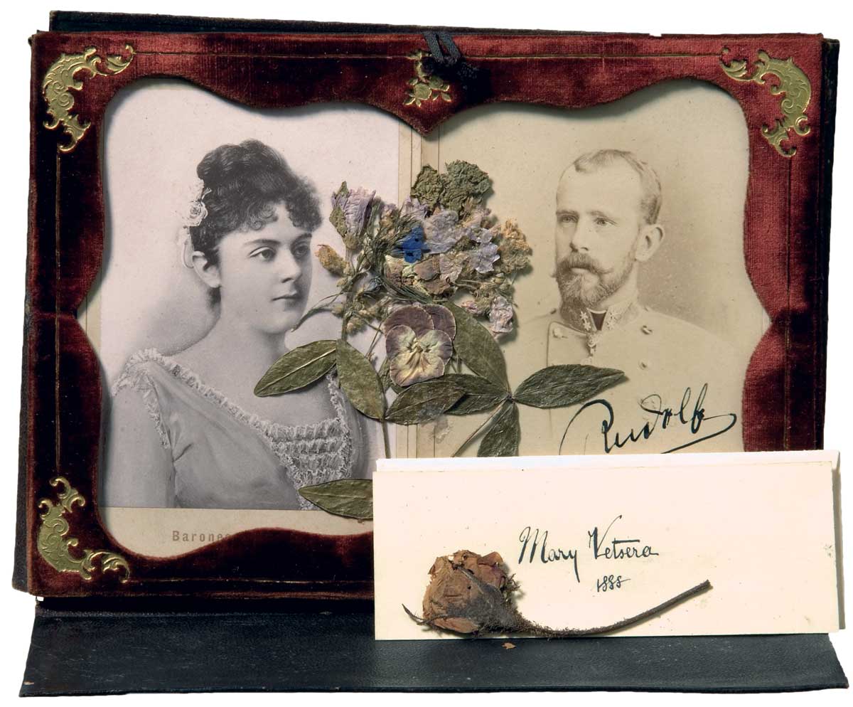 Photographs and autographs of Baroness Mary Vetsera and Crown Prince Rudolf, 19th century. Alamy.