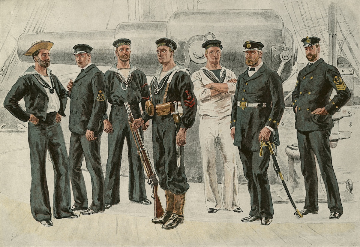 Petty officers and seamen of the Royal Navy, by Frank Dadd, c. 1900. Prints, Drawings and Watercolors from the Anne S.K. Brown Military Collection. Brown University Library. Public Domain.