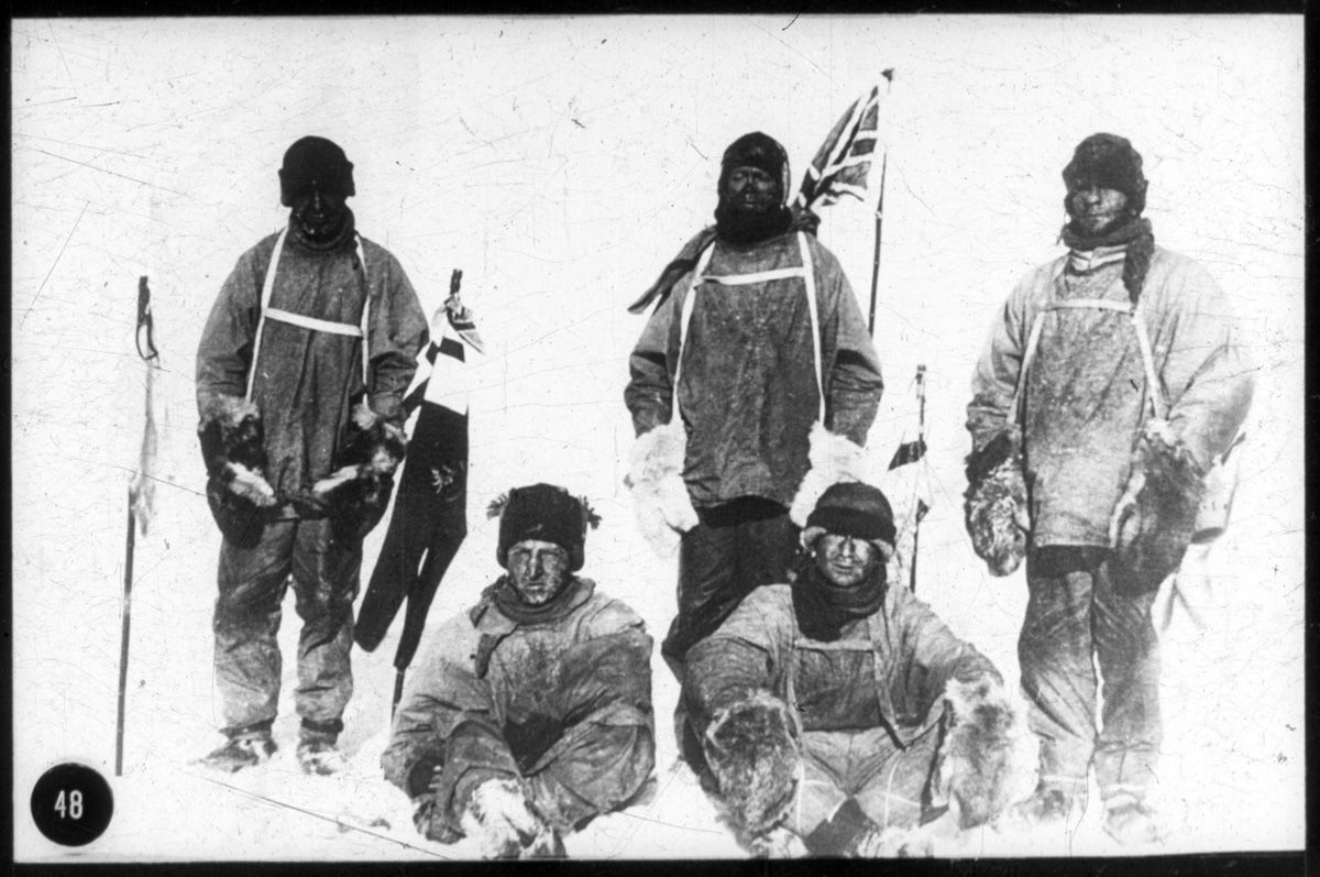 Oates, Scott, Wilson, Evans and Bowers at the South Pole, by Herbert Ponting, 18 January 1912. Australian National Maritime Museum. Public Domain.