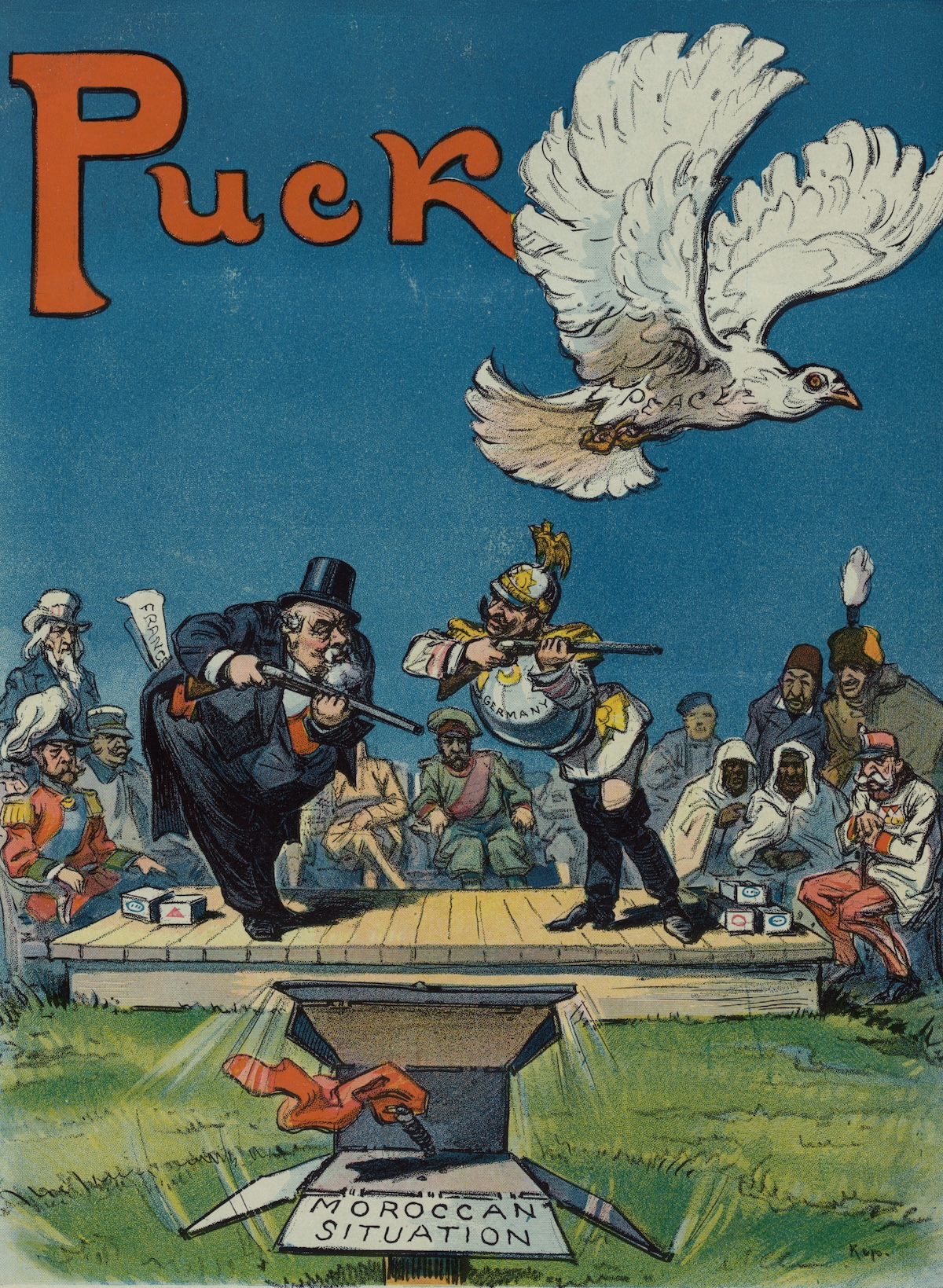 ‘After you, sir’: France and Germany prepare to shoot the dove of peace, on the cover of Puck, 4 Oxtober 1911. Library of Congress. Public Domain.