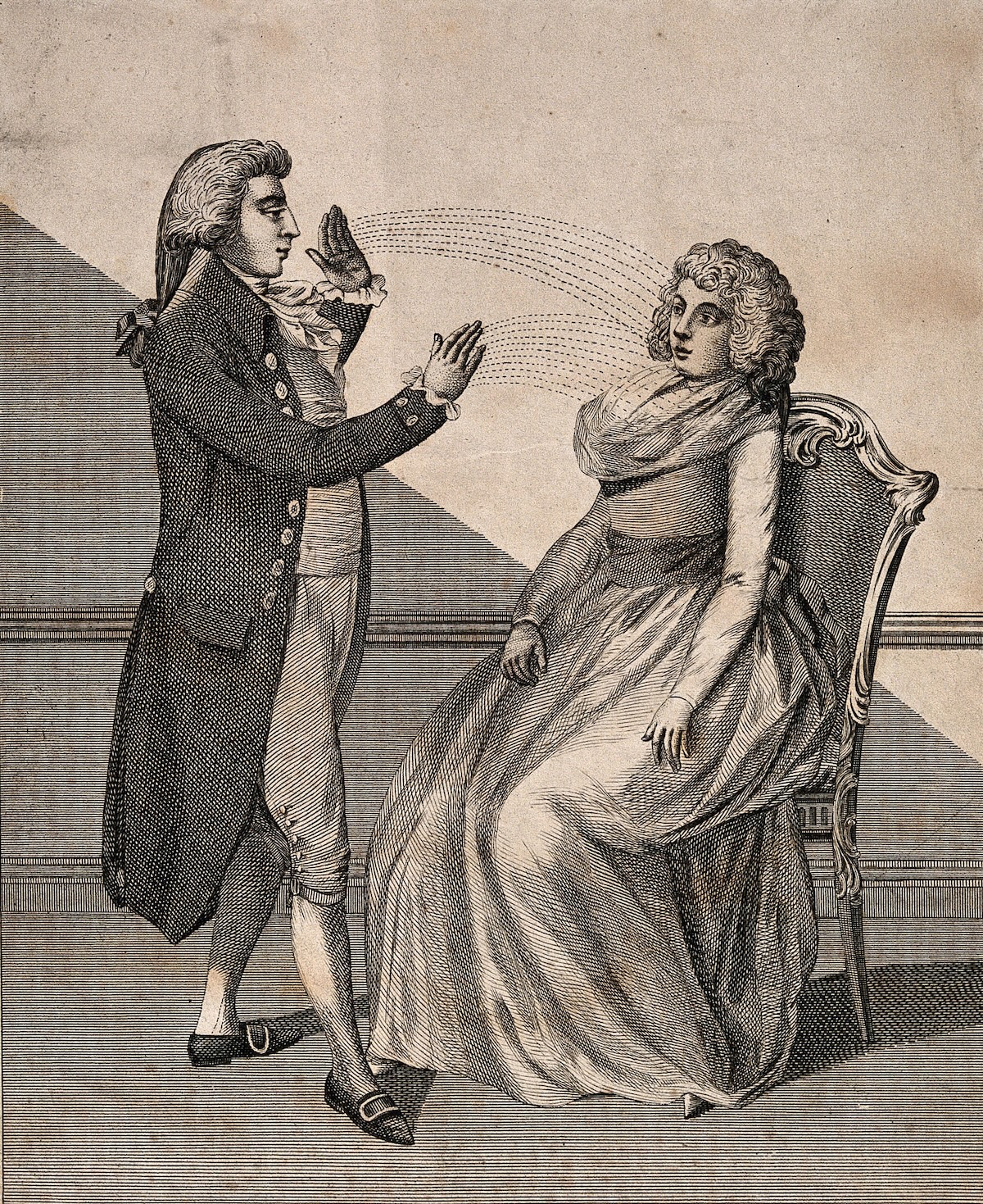 A hypnotist using the ‘animal magnetism’ method, engraving after Daniel Dodd, 1802. Wellcome Collection. Public Domain.