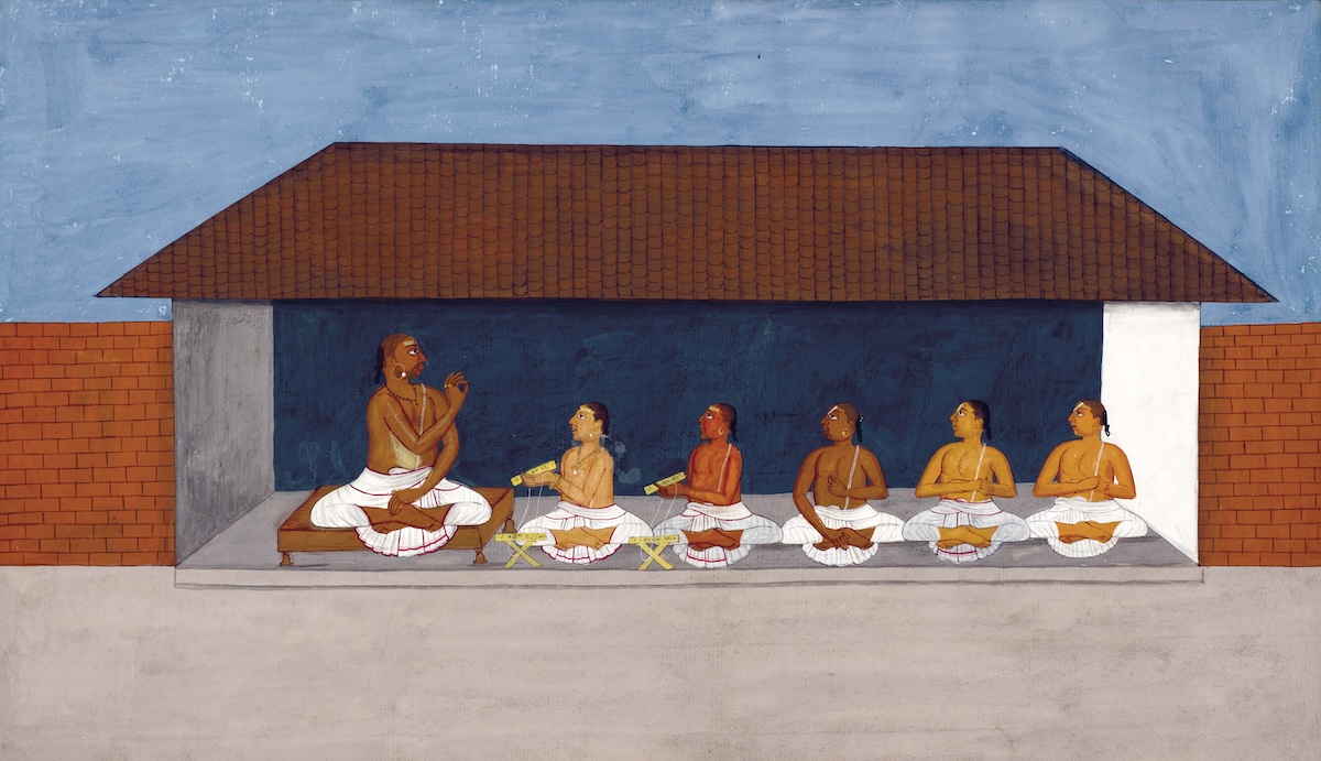 The young Brahmin is committed to the care of a Shastri Brahmin. From The Lives of the Brahmin, an album of 38 watercolour drawings of ceremonies undertaken during  the life of a Brahmin, India, c.1820. British Library/Bridgeman Images.