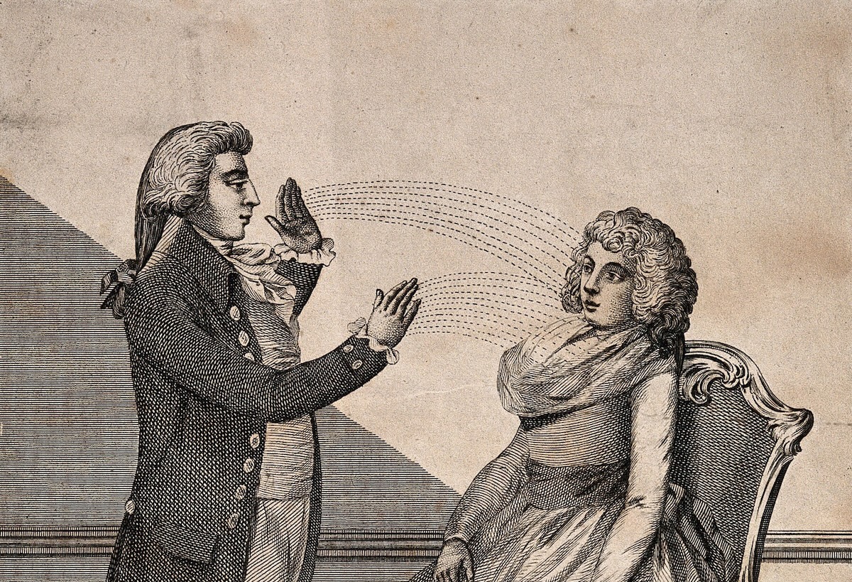 A hypnotist using the ‘animal magnetism’ method, engraving after Daniel Dodd, 1802. Wellcome Collection. Public Domain.