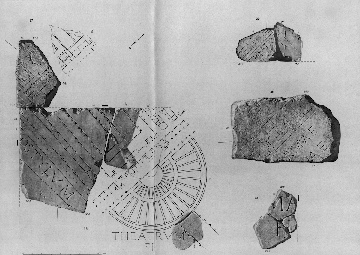 Drawings of a plan of Pompey’s theatre as depicted on a now lost section of the Severan Marble Plan of Rome, 203-311 AD. Sovraintendenza ai Beni Culturali del Comune di Roma.