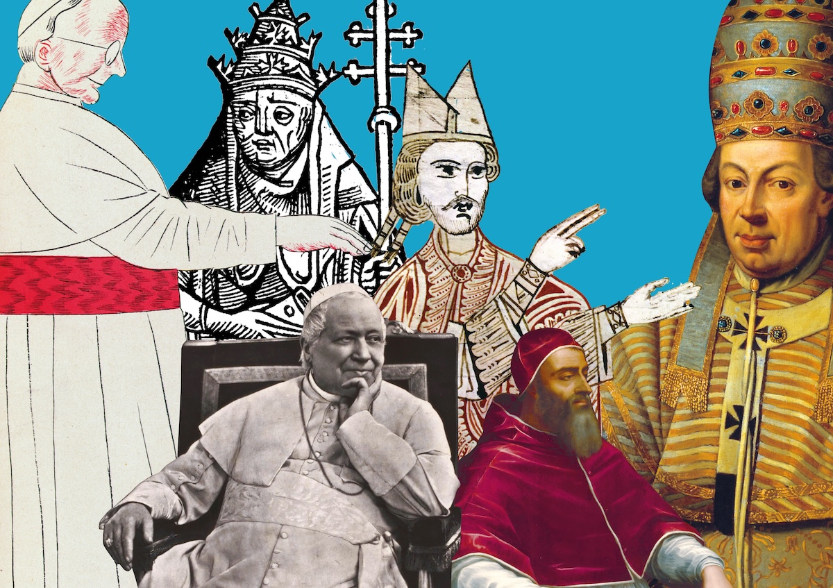 Left-right: Pius XI, Gregory III, Pius IX, Gregory VII, Clement VII, and Pius VI. Archives Charmet / Bridgeman Images, Rijksmuseum, Fototeca Gilardi/Bridgeman Images, The J. Paul Getty Museum, Los Angeles, and Photo Josse/Bridgeman Images.