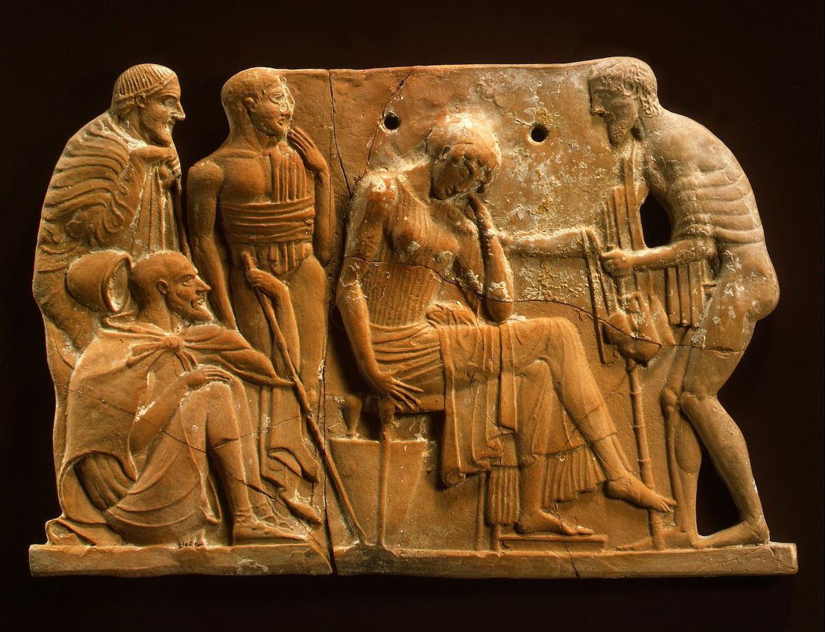 Odysseus returning to Penelope, from Homer’s Odyssey, terracotta plaque, c.460-50 BC. Metropolitan Museum of Art. Public Domain. Odysseus returning to Penelope, from Homer’s Odyssey, terracotta plaque, c.460-50 BC. Metropolitan Museum of Art. Public Domain.