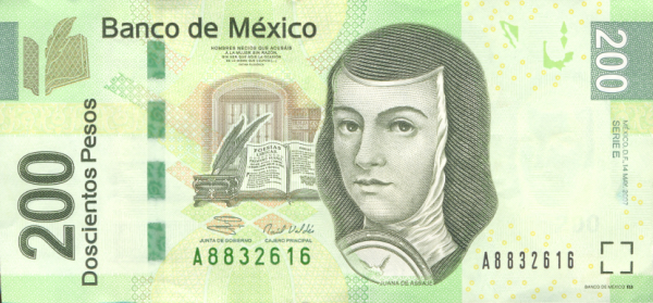 The 200 peso note, featuring Sor Juana Inés de la Cruz (1992-present)
