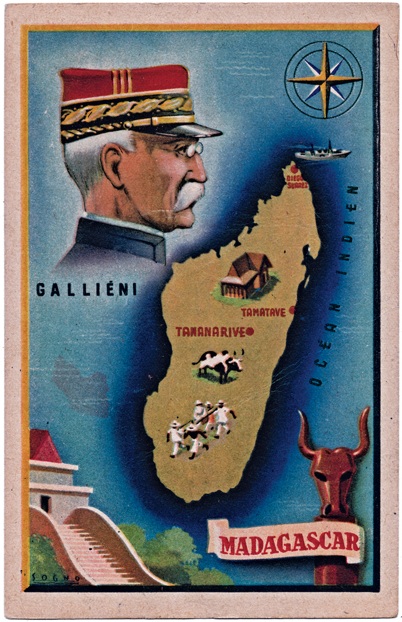 French map of Madagascar, c.1920. The map features a portrait of former governor Joseph Simon Gallieni, the official who forced Queen Ranavalona III into exile in 1897. Mary Evans/Grenville Collins Postcard Collection