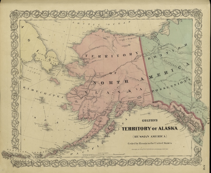 A map of Russia’s Alaskan territory, ceded to the United States, by George Woolworth Colton, 1872. Virtual Library of Bibliographical Heritage. Public Domain.