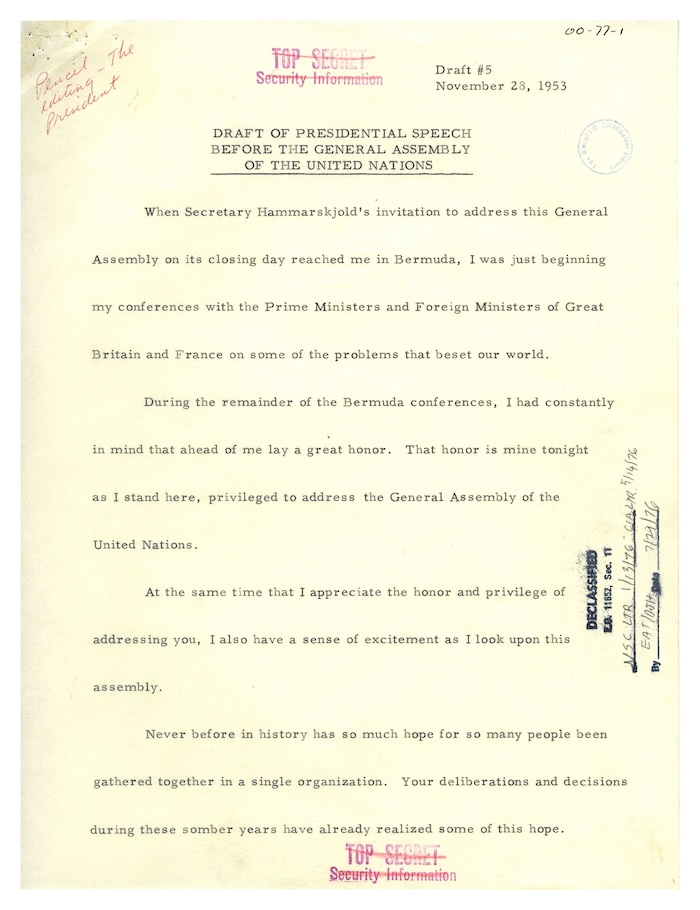 The draft of president Dwight Eisenhower}s ‘Atoms for Peace” speech, 28 November 1953. US National Archives and Records Administration. Public Domain.