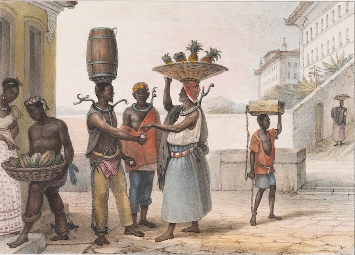 Fugitive slaves wearing iron collagers in Brazil, by Jean Baptiste Debret, c. 1834-39. New York Public Library. Public Domain.