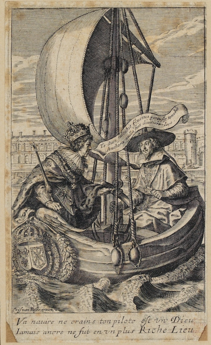 The ship of France is steered not by Louis XIII but by Richelieu, who holds the helm, by Crispin de Passe, c. 1625. Musée Carnavalet, Histoire de Paris. Public Domain.