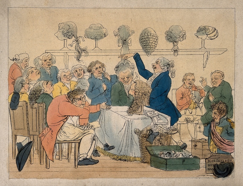 A wigmaker fits wigs in a crowded salon, by J. E. Marcus after J. Smies, c. 1810. Wellcome Collection. Public Domain.