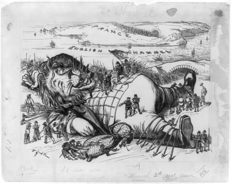 ’England's nightmare. The Great Britain Gulliver overpowered and made helpless by French pygmies while asleep‘, by Friedrich Graetz, for Puck magazine, 15 March 1882. Library of Congress. Public Domain.