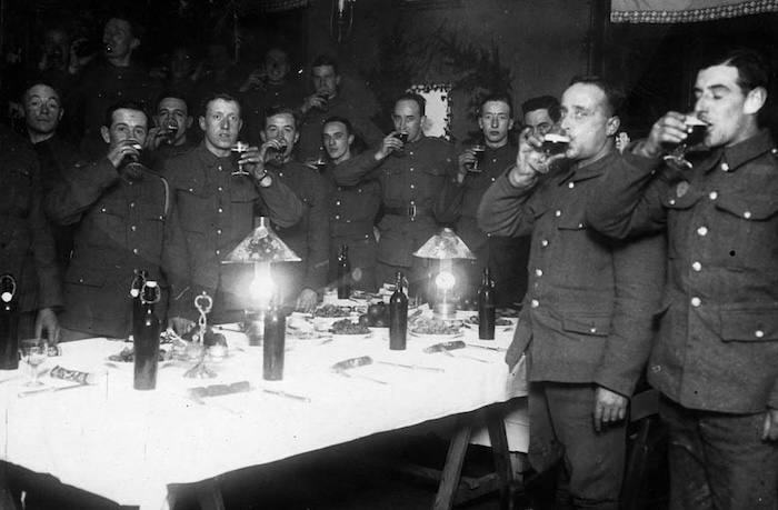 ‘Drinking the King's health back in their billets’, c. 1916-18. National Library of Scotland. Public Domain.