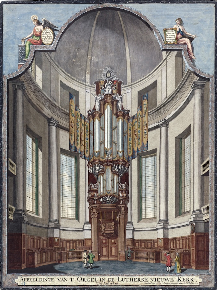 The organ in the Lutheran Nieuwe Kerk, Amsterdam, c.1720. Rijksmuseum. Public Domain.