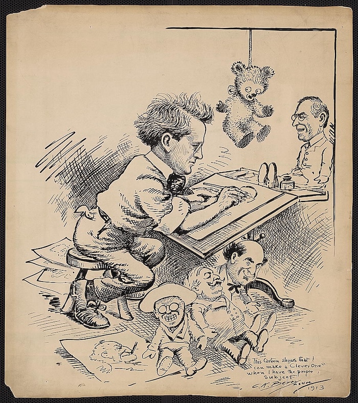 A self-portrait of Clifford Kennedy Berryman at work with dolls representing political figures and the Teddy Bear, 1913. Library of Congress. Public Domain.