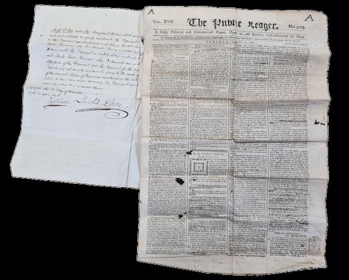 Copy of the 10 September 1776 edition of the Public Ledger containing Morande’s libel, attached to d’Eon’s affidavit to the court. The National Archives.