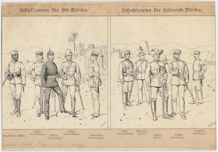 Uniforms of German schutztruppe in East Africa, by Richard Knötel, 1900. Prints, Drawings and Watercolors from the Anne S.K. Brown Military Collection. Brown Digital Repository. Brown University Library. Public Domain.