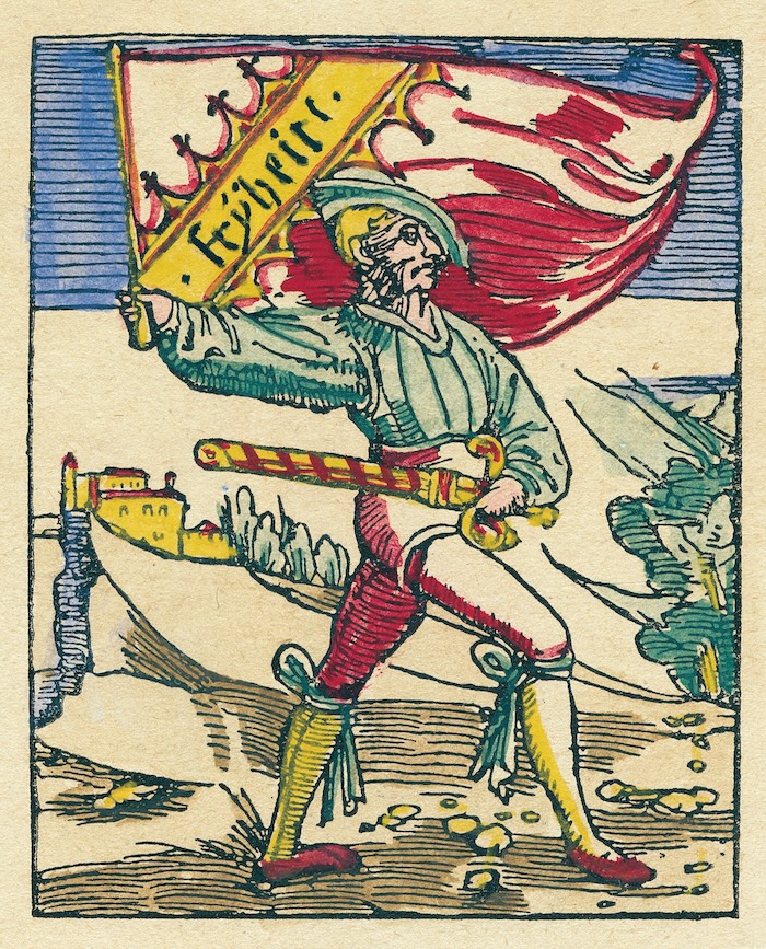 An armed man carries a freedom banner into battle, from Thomas Murner’s Von dem grossen Lutherischen Narren (‘Of the Great Lutheran Fool’), Strasbourg, 1522. akg-images.