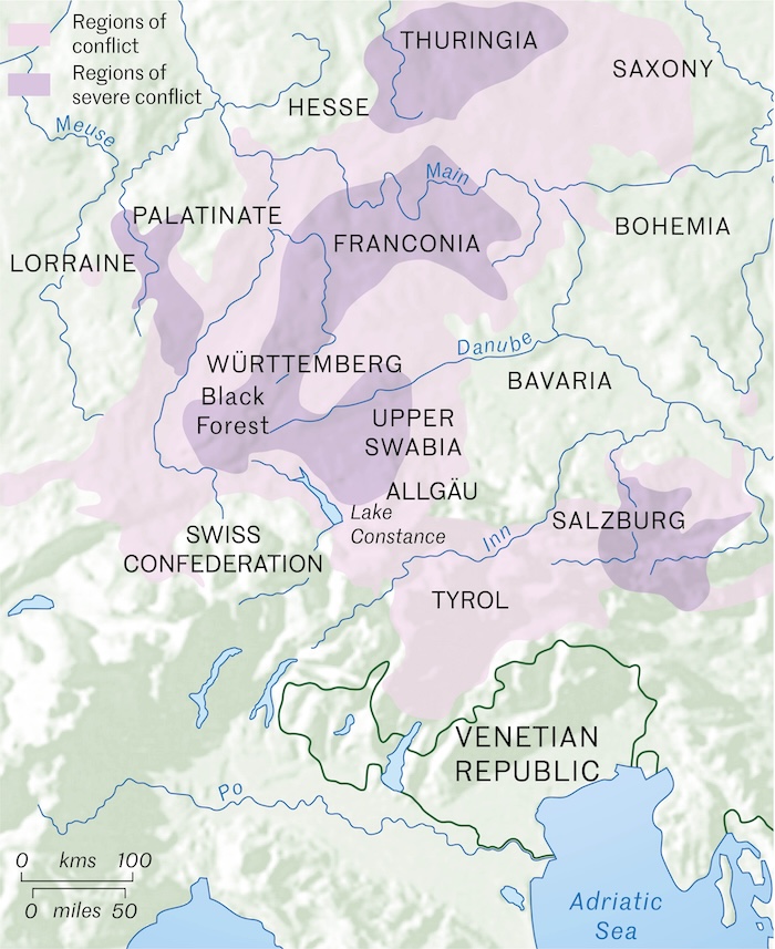 A map showing the spread of the German Peasant’s War