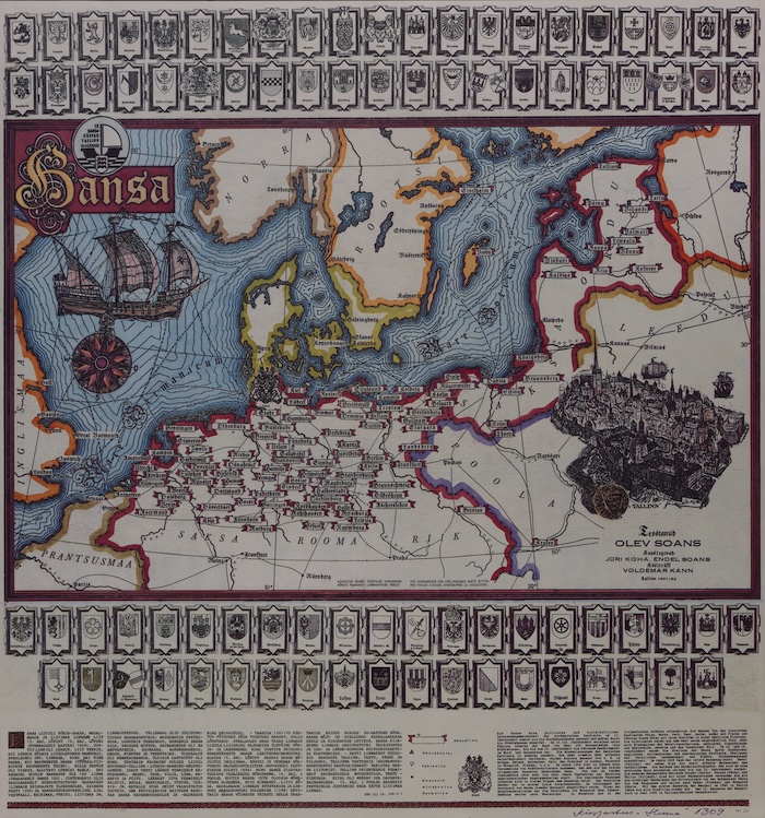 A map of Hanseatic cities, by Olev Soans, 1992. Saaremaa Museum. Public Domain.