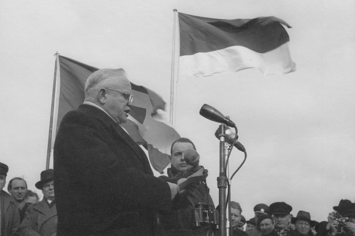 Friedrich Wilhelm Lübke, minister-presidents of Schleswig-Holstein, at a ceremony to mark the return of Heligoland to Germany, 1 March 1953. Federal Waterways Engineering and Research Institute (CC BY 4.0).