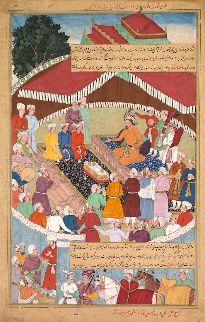 Hulegu Khan giving a feast and dispensing favor upon the amirs and princes, from the Jami al-tavarikh of Rashid al-Din, c. 1596-1600. The Celeveland Museum of Art. Public Domain.