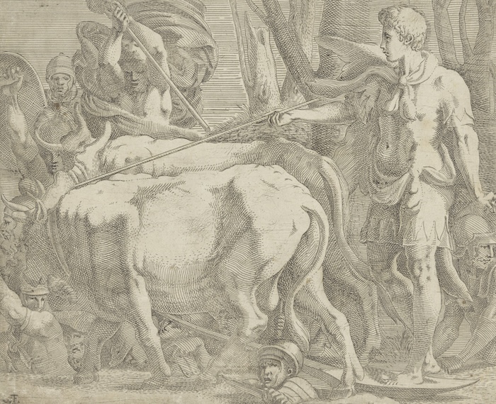 Jason hitches the fire-breathing Khalkotauroi to ploughshares, by Antonio Fantuzzi, c. 1544. Rijksmuseum. Public Domain.