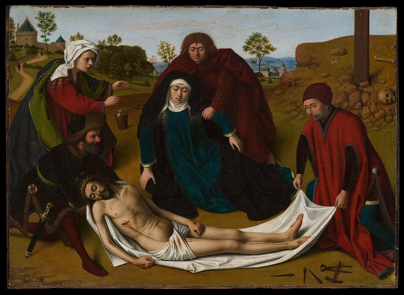 ‘The Lamentation’ showing Chris laid in his burial shroud, by Petrus Christus, c. 1450. The Metropolitan Museum of Art. Public Domain.